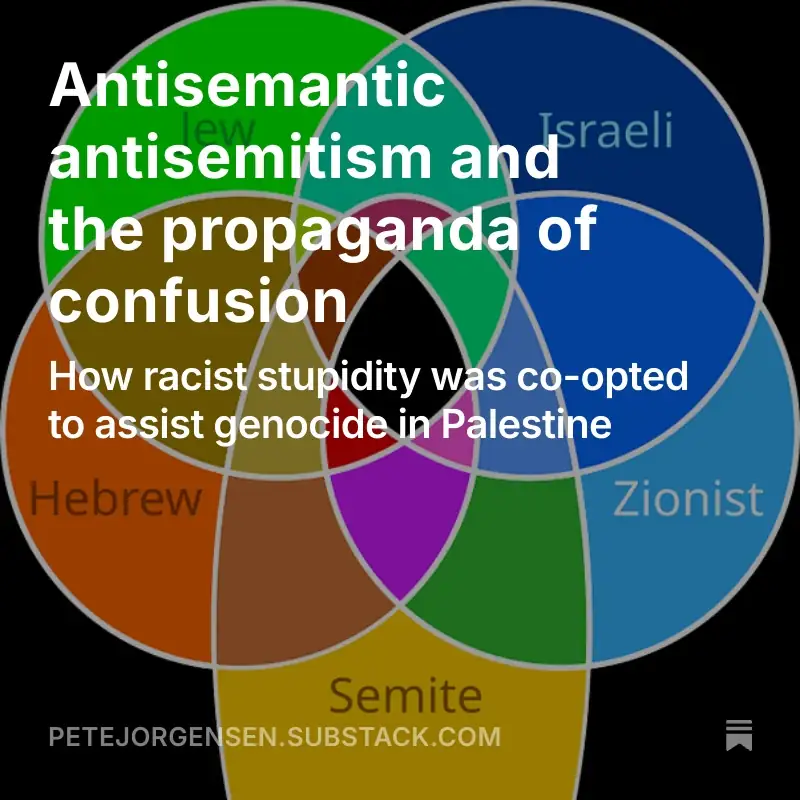 Article title, Antisemantic antisemitism and the propaganda of confusion: how racist stupidity was co-opted to assist genocide in Palestine, overlain a Venn diagram showing the intersecting categories of Jew, Israeli, Hebrew, Zionist, and Semite