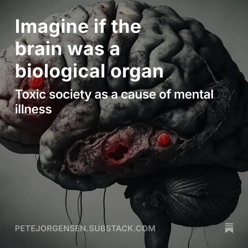 A sick, grey brain with black necrosis and red, sore abcesses.
