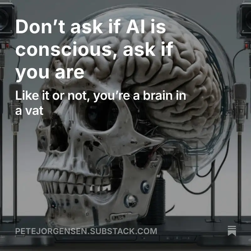 A brain in a skull with a glass case, it is attached to various input devices by wires.