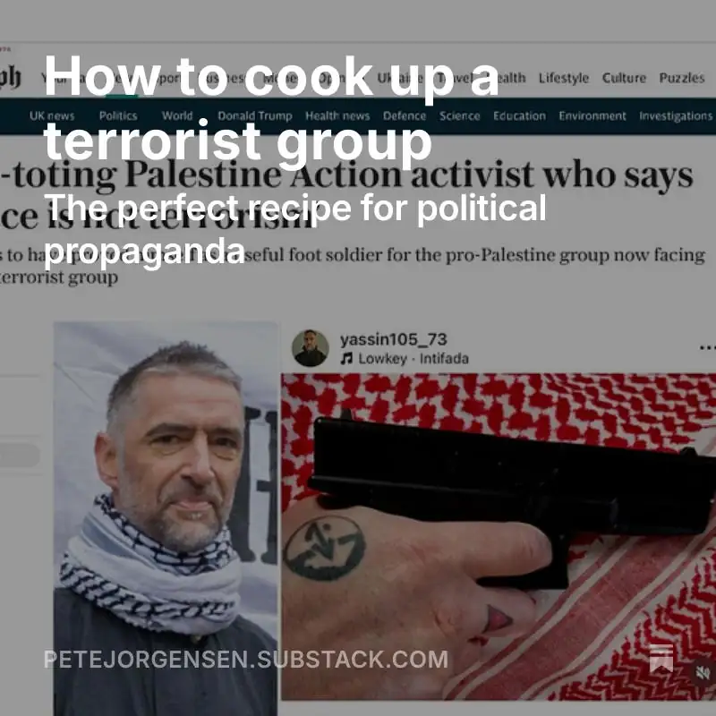 A screenshot of a Telegraph article framing Palestine Action as a terrorist organization.