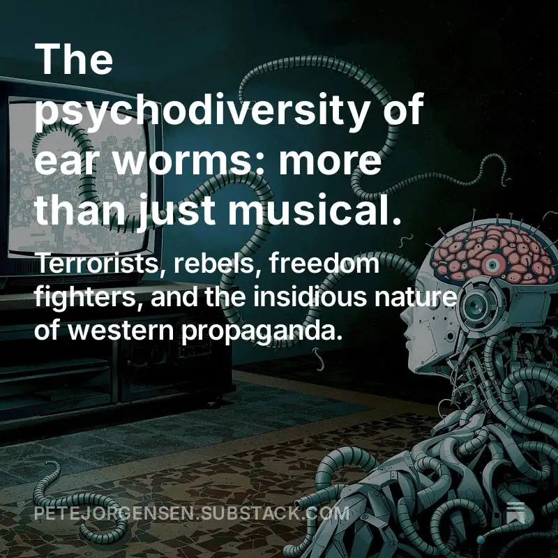 An android with a human brain connecting via metallic tentacles to a television