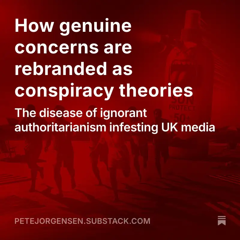 A red wash image of people running from a giant sun screen bottle with article title overlain