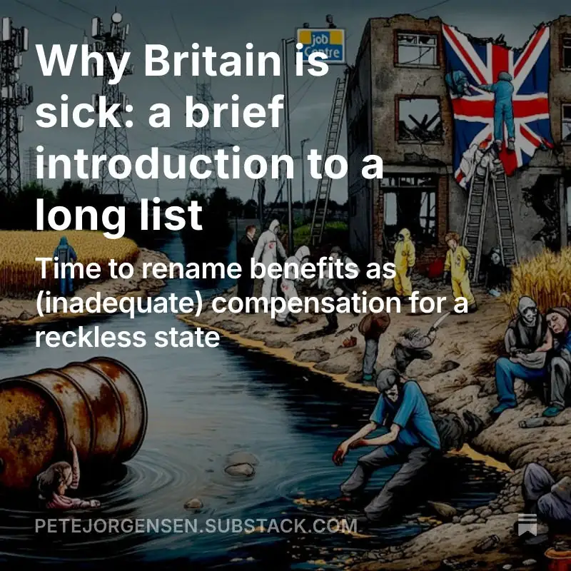 A semi-urban scene of sick people, urban decay, river pollution, and toxic farming.